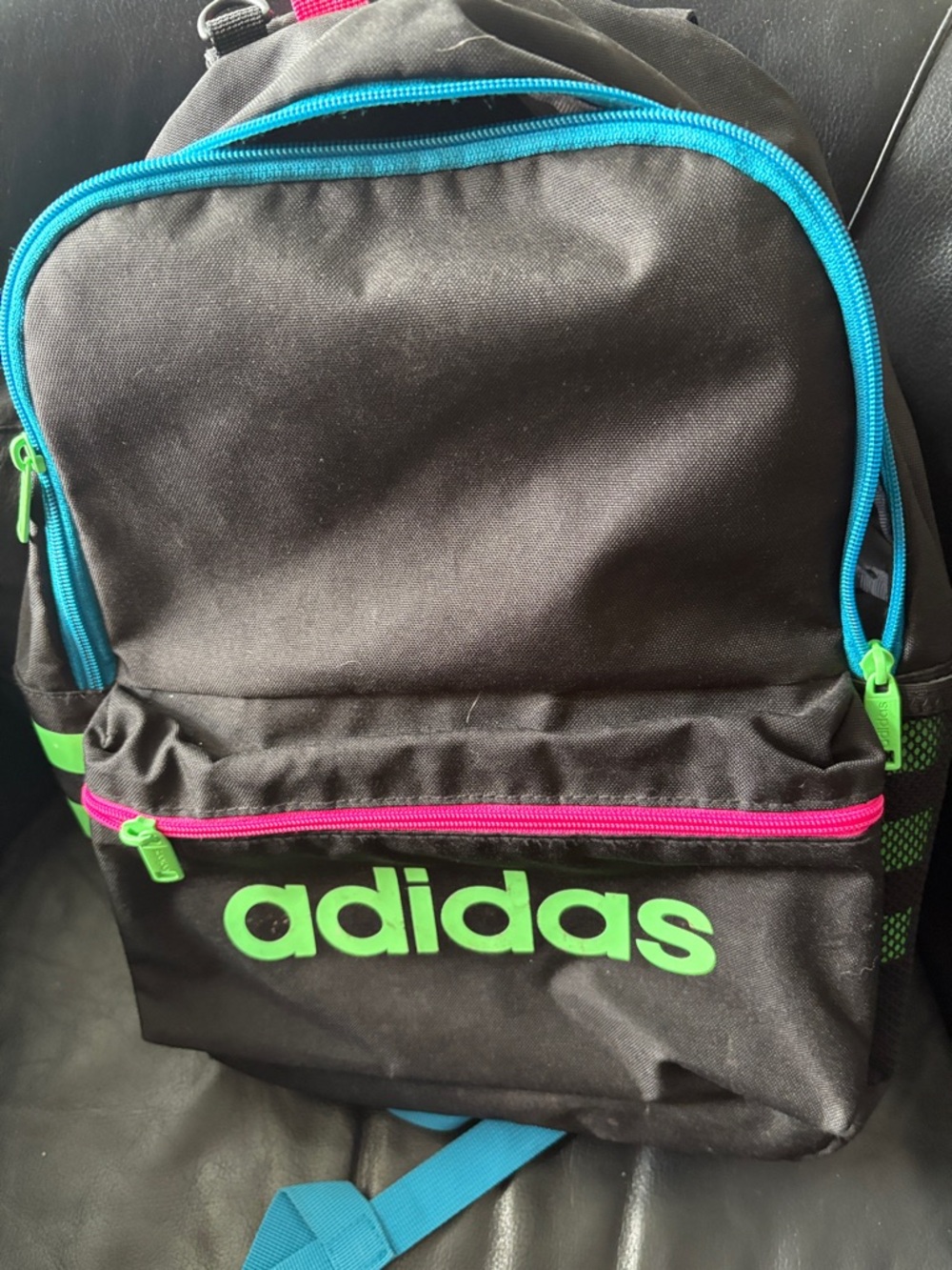 adidas Black Backpack with Neon Green Logo and Blue & Pink Accents